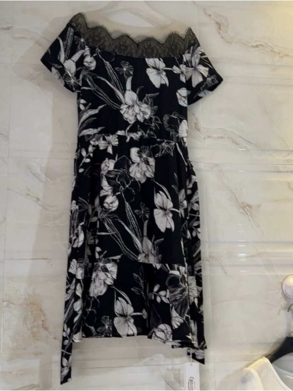 Black & White Floral Lace-Trim Off-Shoulder Dress
